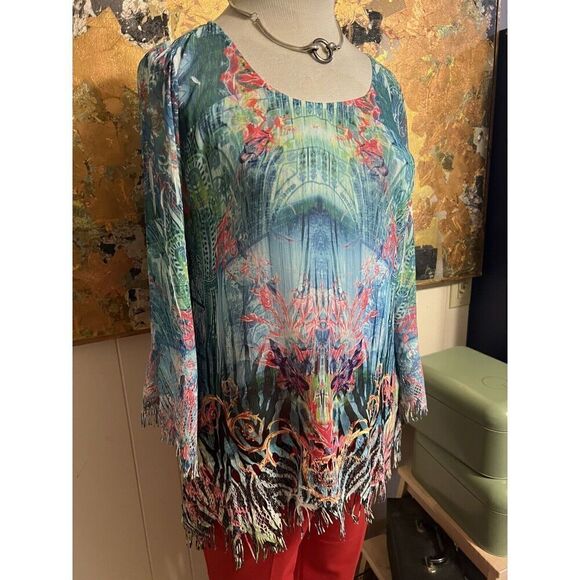 Art To Wear Mushka Sienna Rose Medium Tunic Fringed Cut Outs Hem Bell Sleeves - Picture 3 of 9